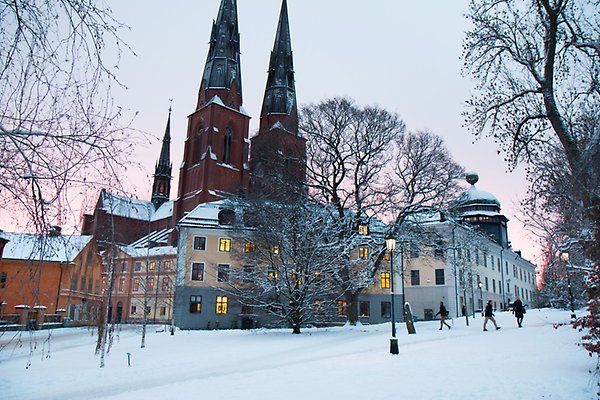 Gustavianum at twilight on a snowy day with the Cathedral in the background