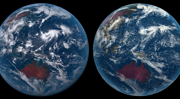 By comparing high-resolution simulations of the atmosphere, as in the ICON model to the right, with an actual satellite image to the left, researchers can evaluate the impacts of global warming f.e.