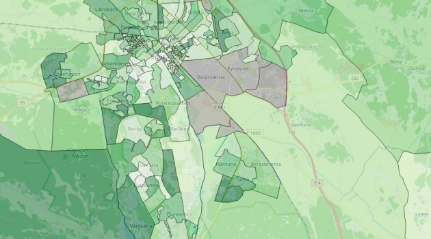 Kartan visar hur stor andel av den vuxna befolkningen som har testat sig i olika stadsdelar i Uppsala under de senaste två veckorna. Ju mörkare grön färg, desto högre andel har testat sig.