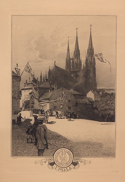 Engraving showing Östra Ågatan with the Cathedral in the background in the 19th century. People are walking in the street. Flags are flying from buildings.