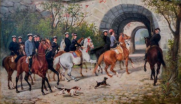 Oil painting depicting students on horseback and the riding master John Georg Arsenius, who is explaining something.