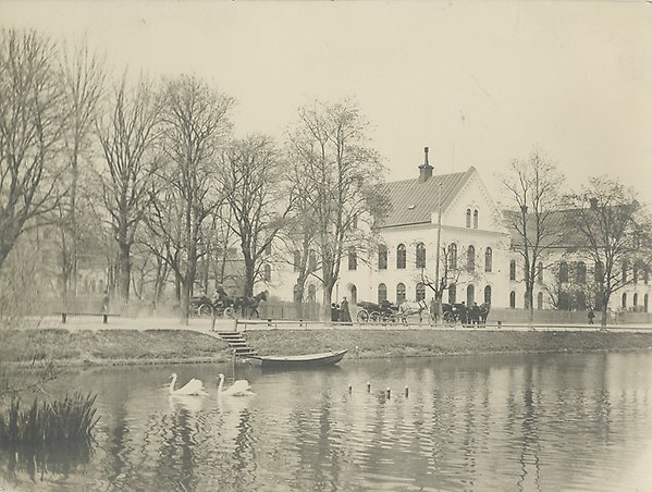 Black and white photo of the Munken quarter taken from the other side of the Fyrisån. Two swans swim in the water. Horse-drawn carriages pass the houses.